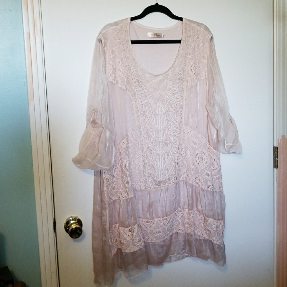 Very feminine dress, lace, and sheer overlay